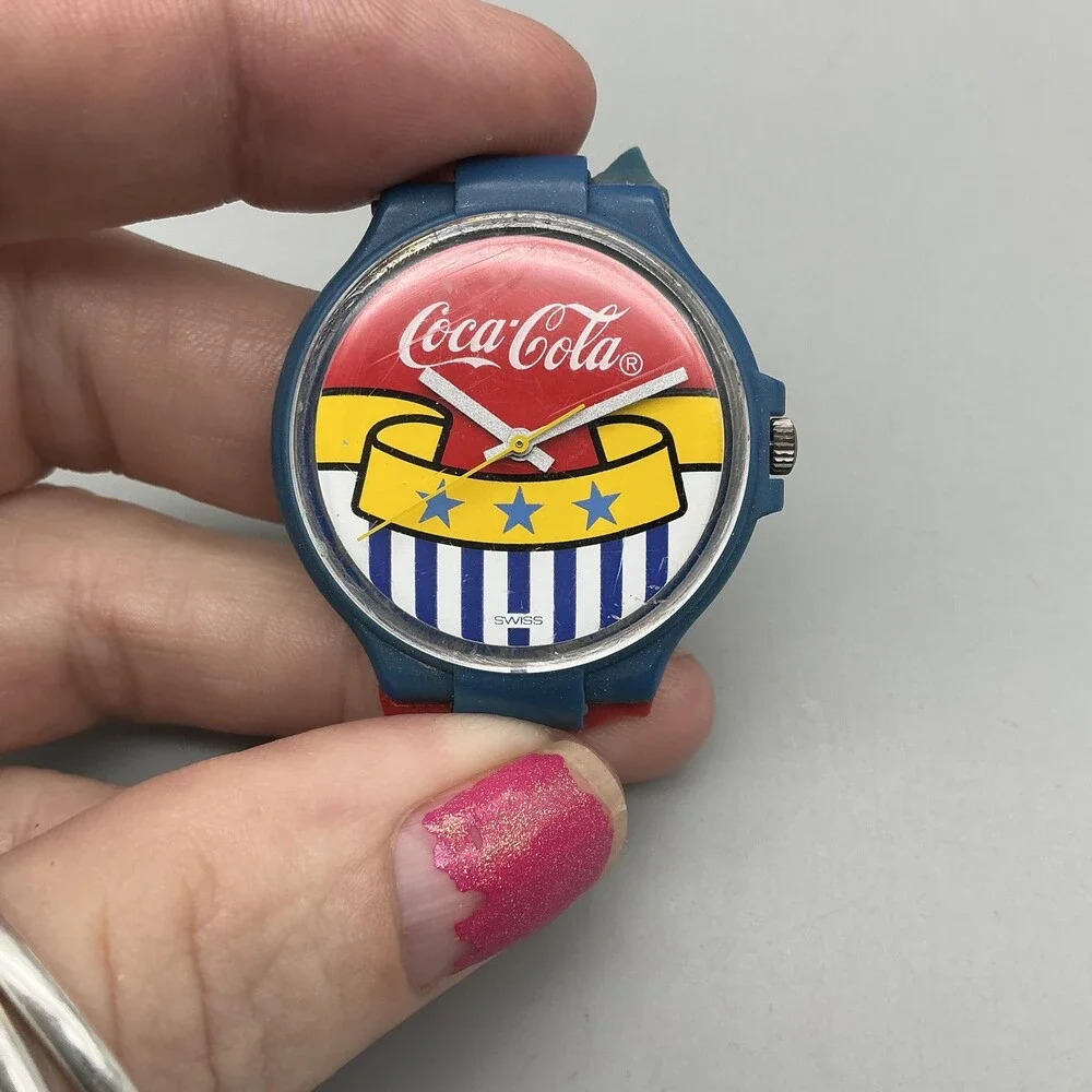 Vintage Swatch Coca-Cola Mens Watch 34mm 1990's Swiss Blue BROKEN BAND